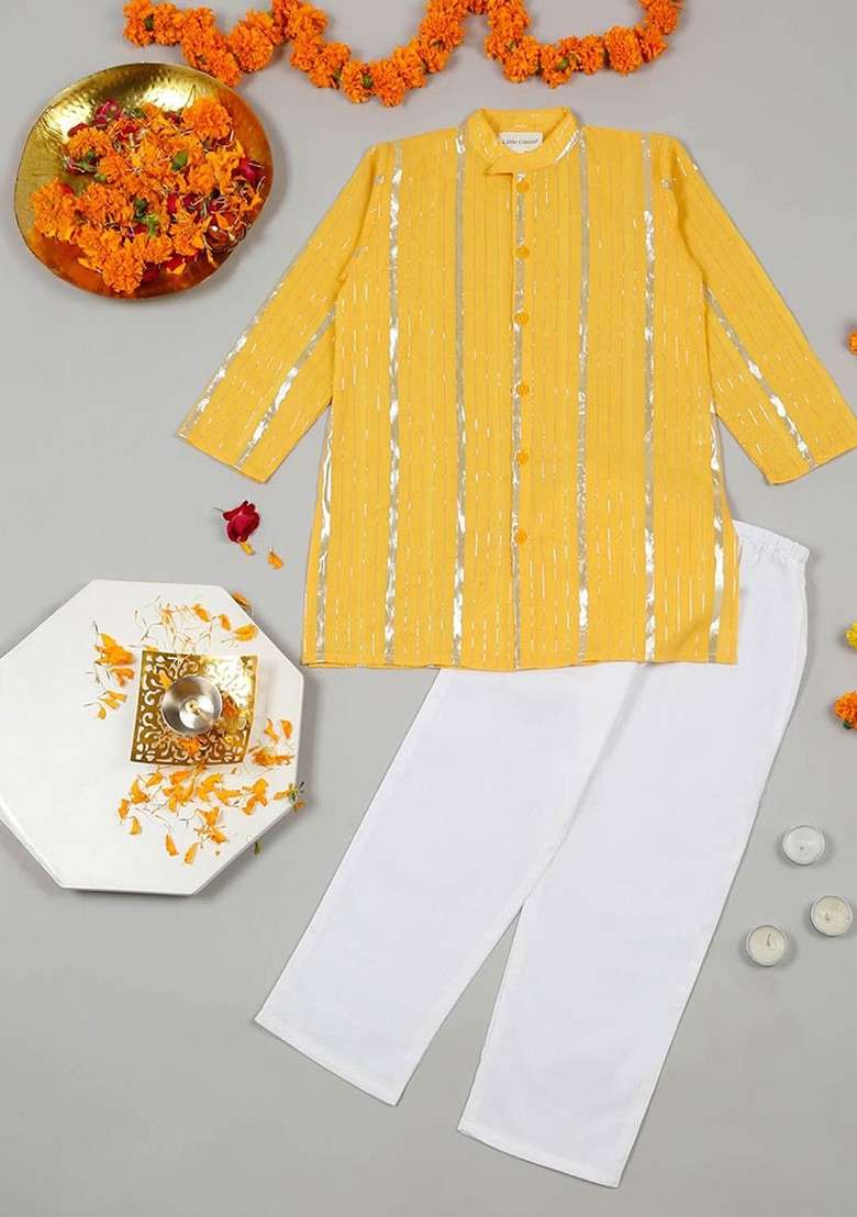 Yellow Striped Blended Kurta Set For Boys - Indya