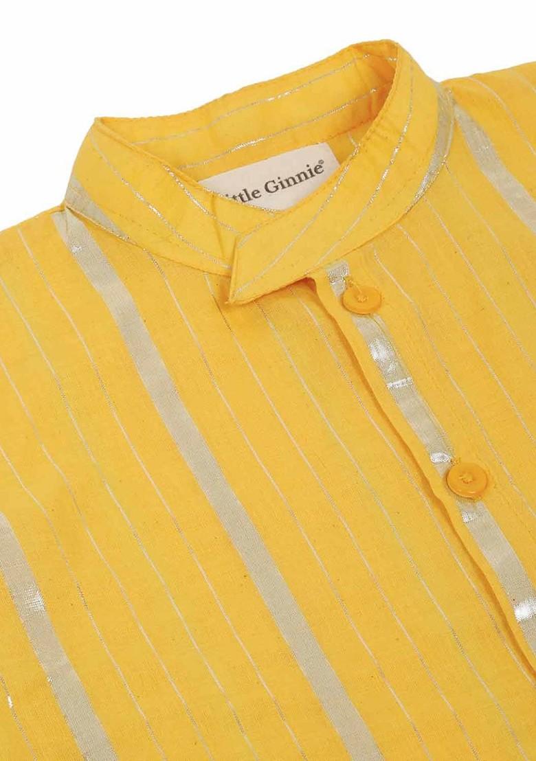 Yellow Striped Blended Kurta Set For Boys - Indya