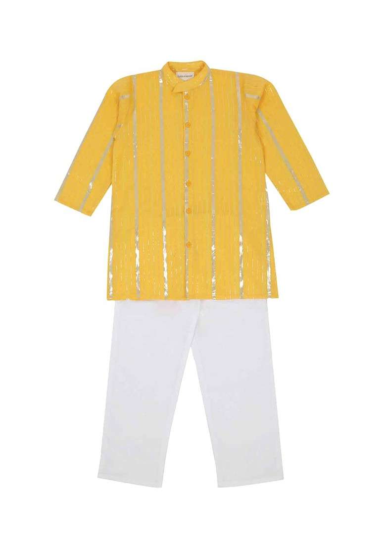 Yellow Striped Blended Kurta Set For Boys - Indya