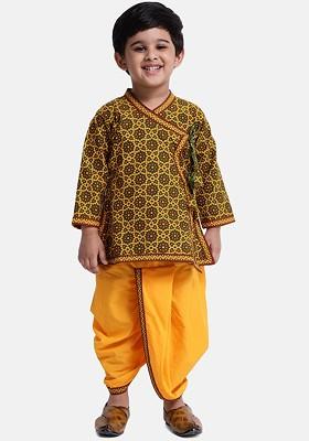 Green Printed Blended Kurta Dhoti Set For Boys