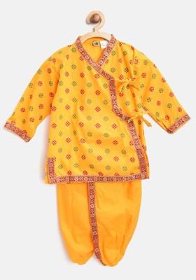 Yellow Printed Blended Kurta Set For Boys