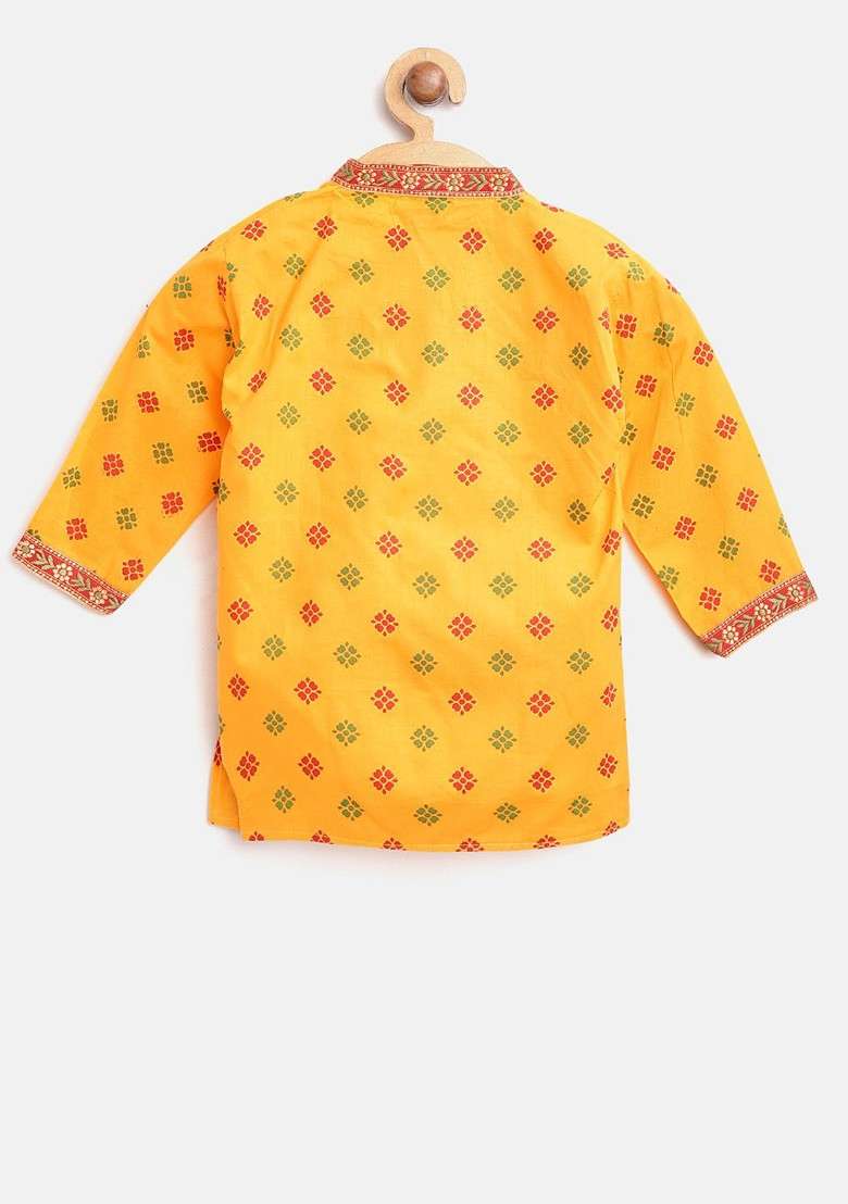 Yellow Printed Blended Kurta Set For Boys - Indya