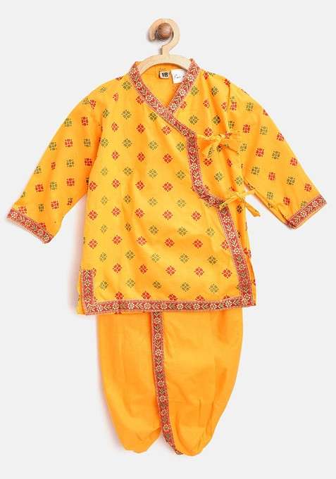 Yellow Printed Blended Kurta Set For Boys