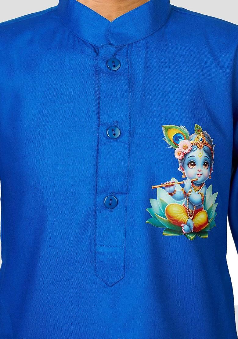 Blue Printed Blended Kurta Set For Boys - Indya