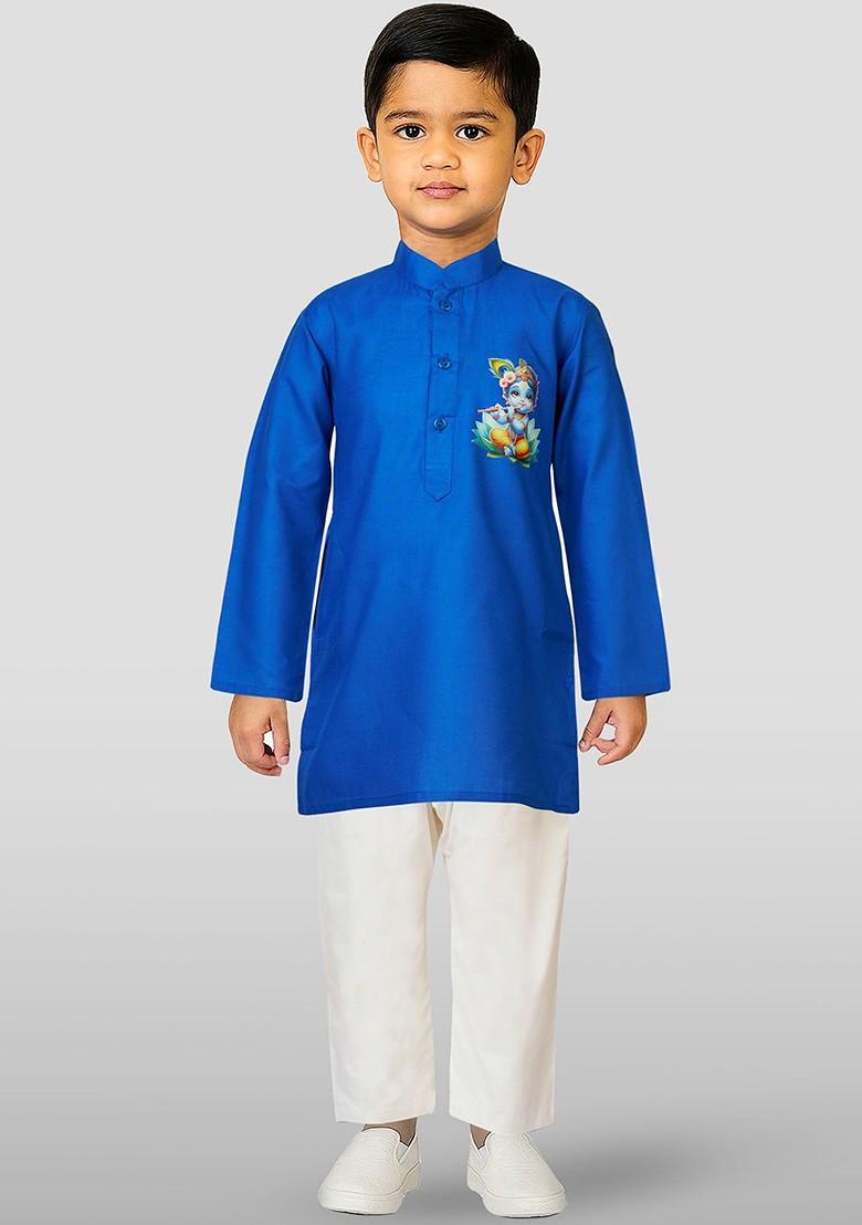 Blue Printed Blended Kurta Set For Boys - Indya