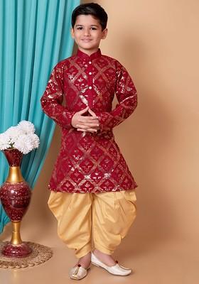 Maroon Embroidered Blended Kurta Dhoti Set For Boys