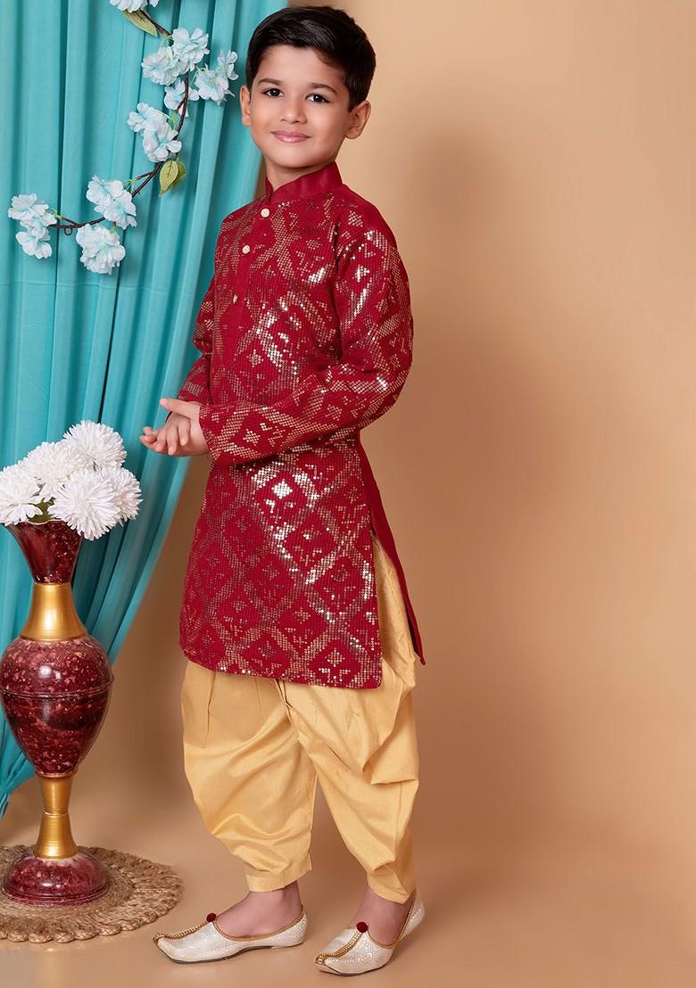 Maroon Embroidered Blended Kurta Dhoti Set For Boys - Indya