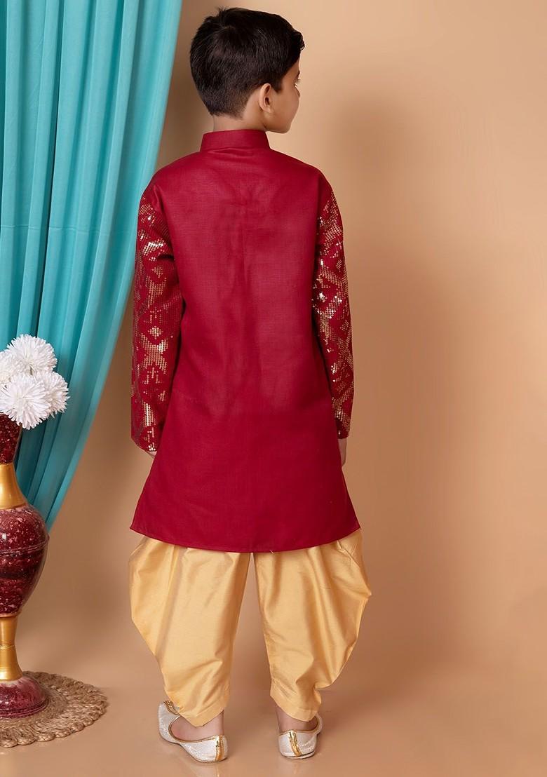 Maroon Embroidered Blended Kurta Dhoti Set For Boys - Indya