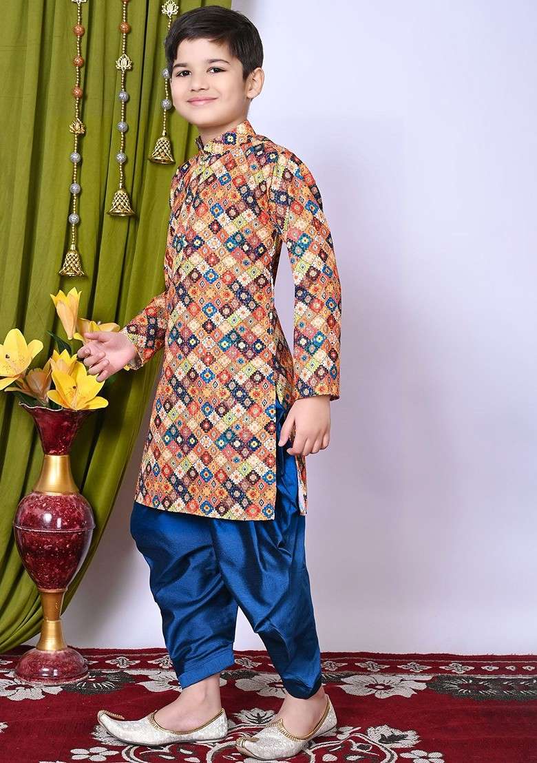 Brown Embroidered Blended Kurta Set For Boys - Indya