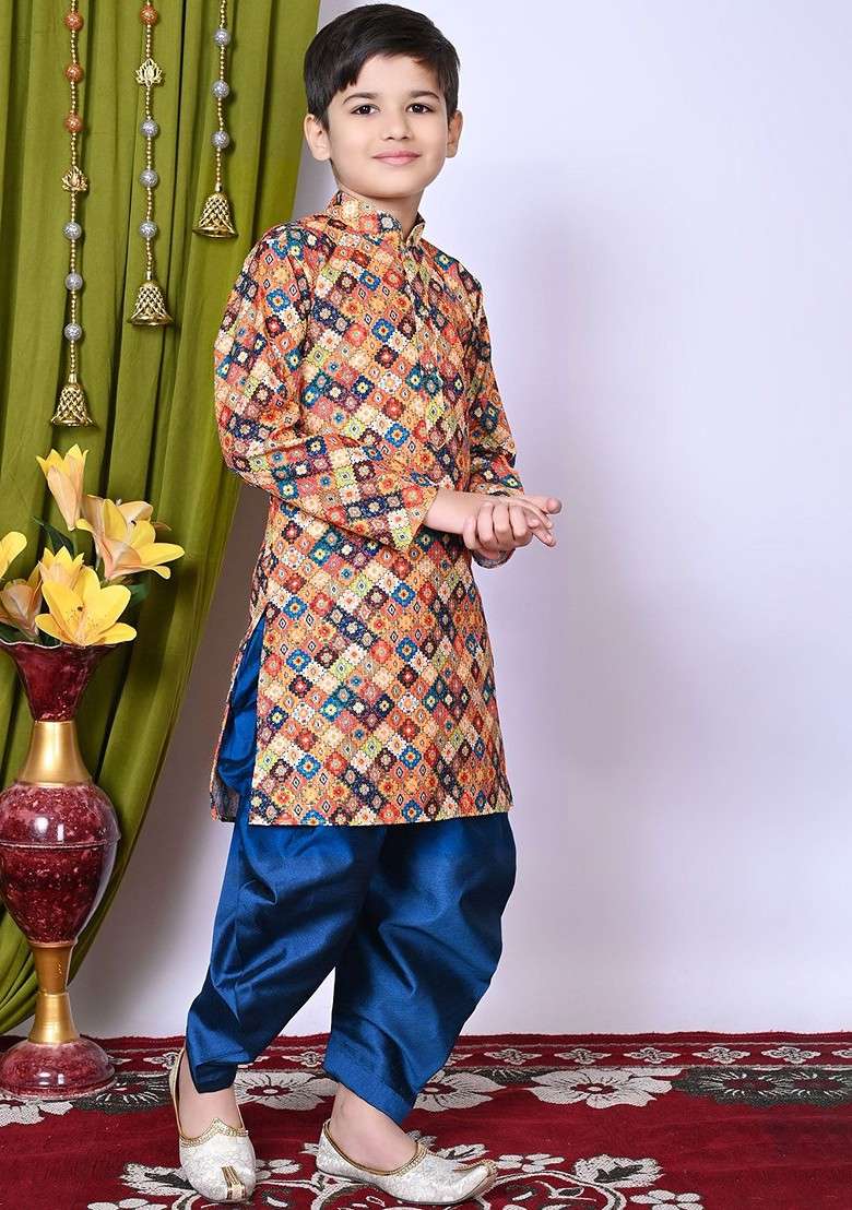 Brown Embroidered Blended Kurta Set For Boys - Indya
