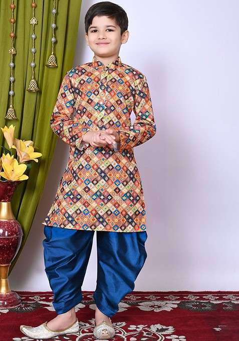 Brown Embroidered Blended Kurta Set For Boys