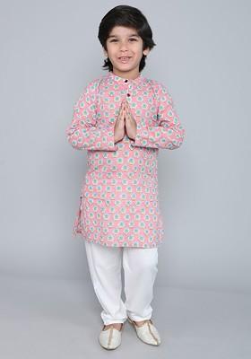 Pink Printed Blended Kurta Set For Boys