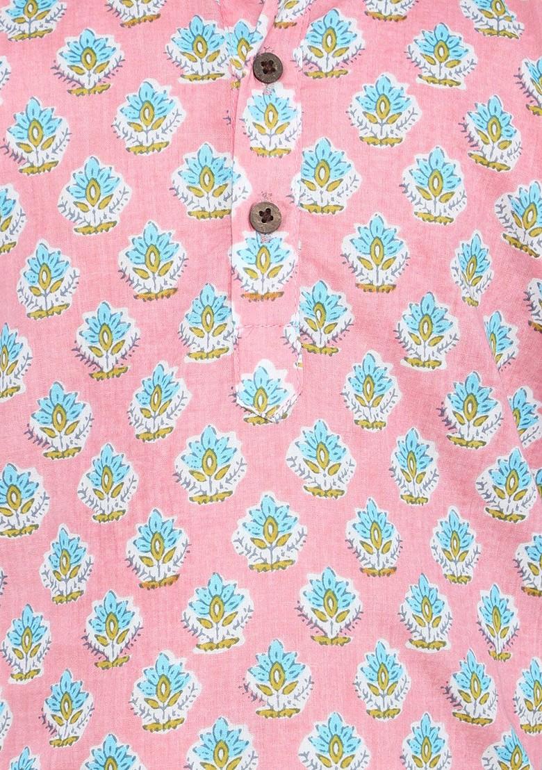 Pink Printed Blended Kurta Set For Boys - Indya