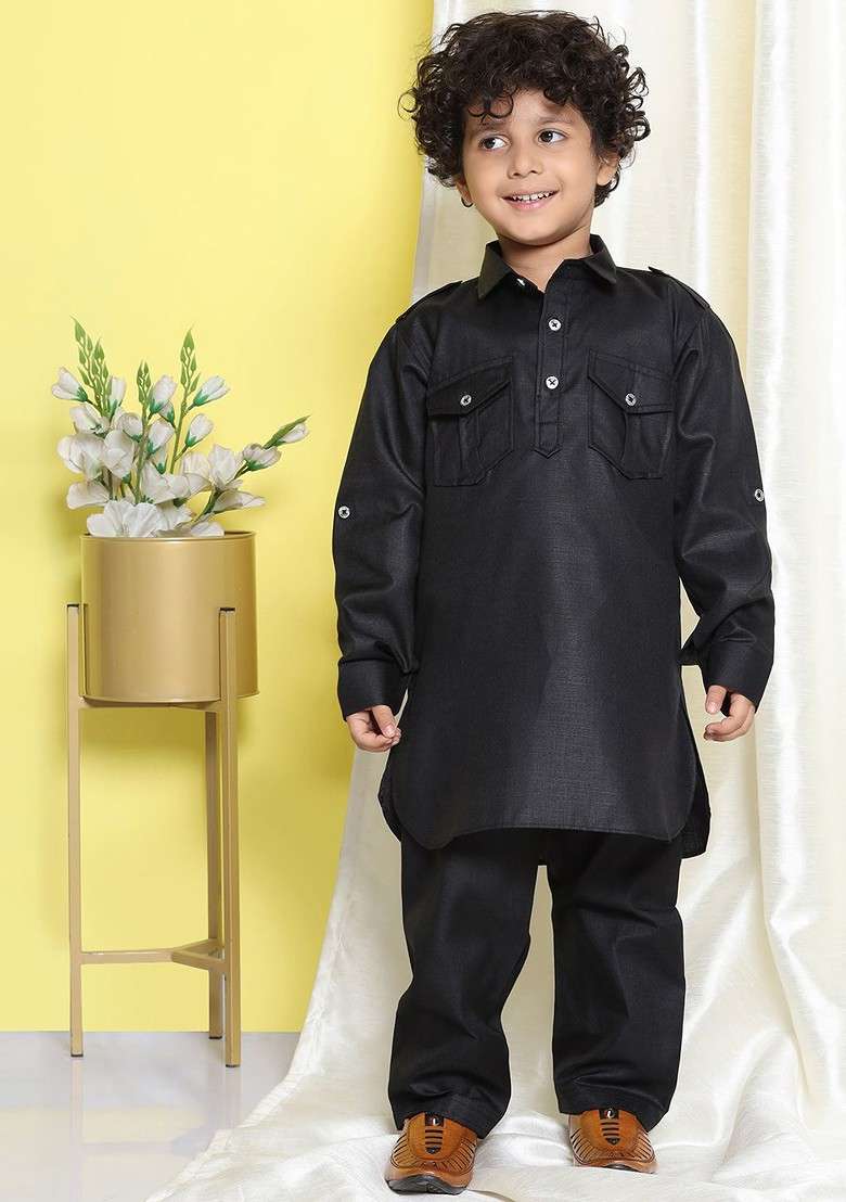 Black Embroidered Blended Kurta Set For Boys - Indya