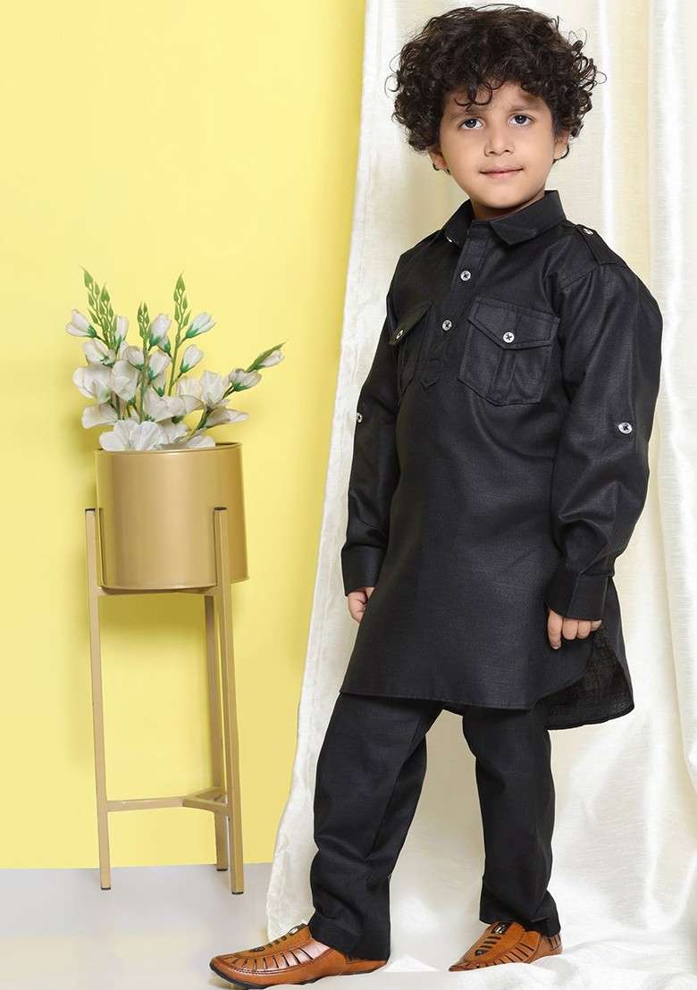 Black Embroidered Blended Kurta Set For Boys - Indya