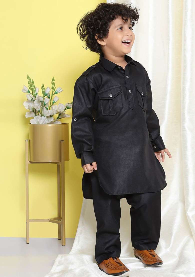 Black Embroidered Blended Kurta Set For Boys - Indya