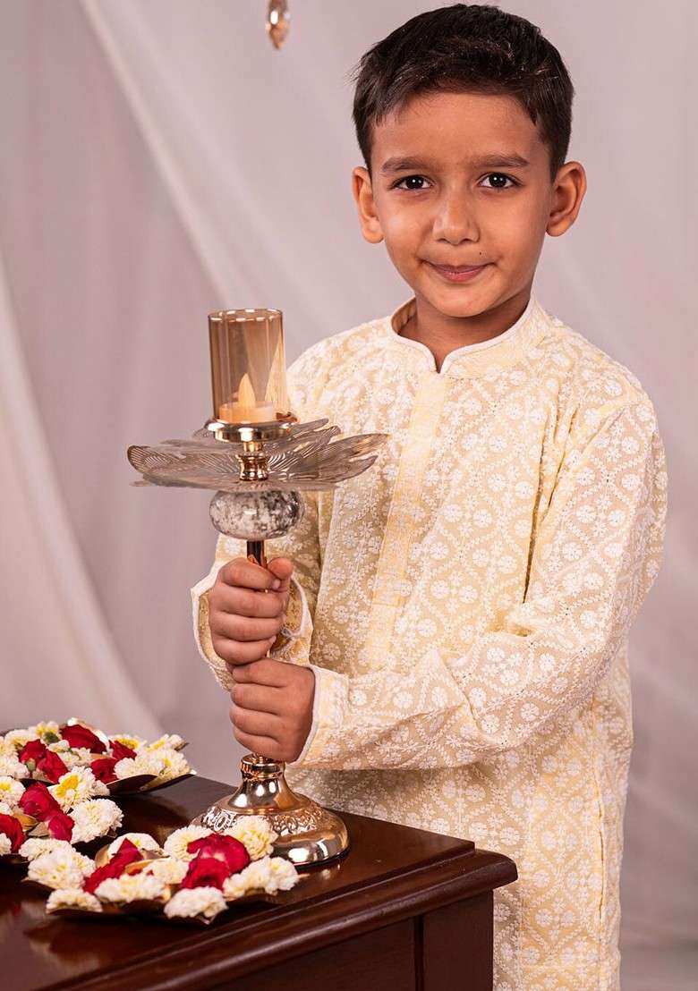 Yellow Embroidered Blended Kurta Set For Boys - Indya