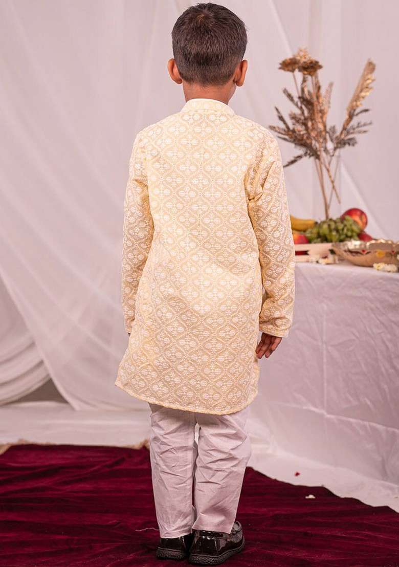 Yellow Embroidered Blended Kurta Set For Boys - Indya