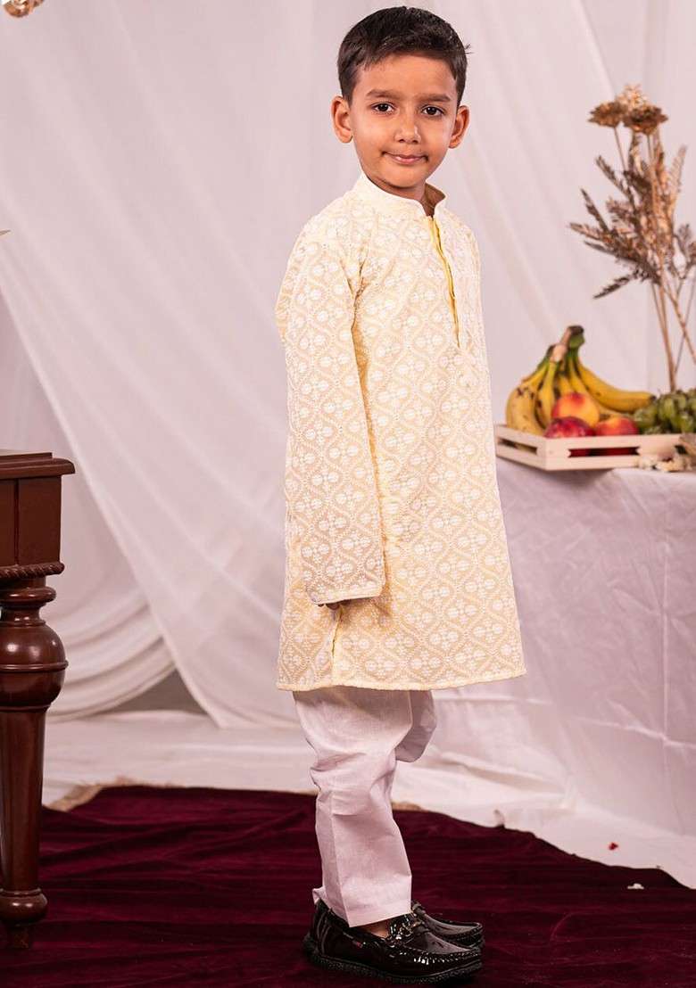 Yellow Embroidered Blended Kurta Set For Boys - Indya