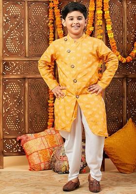 Yellow Printed Blended Kurta Dhoti Set For Boys