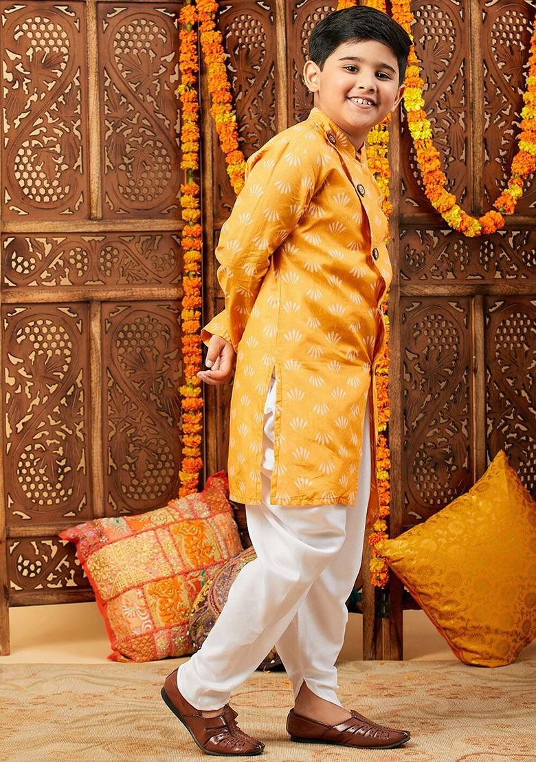Yellow Printed Blended Kurta Dhoti Set For Boys - Indya