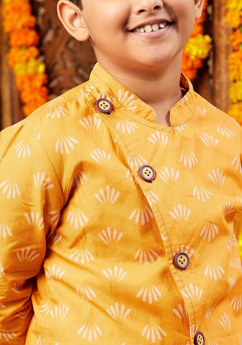 Yellow Printed Blended Kurta Dhoti Set For Boys - Indya