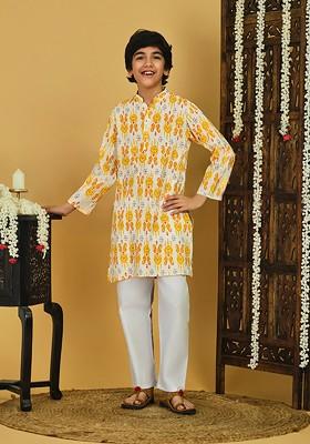 Orange Printed Cotton Kurta Set For Boys