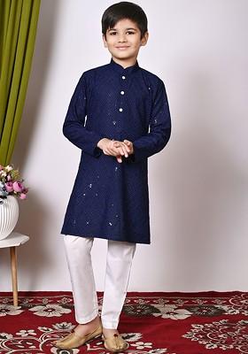 Navy Blue Embroidered Blended Kurta Set For Boys