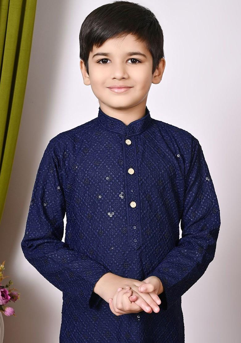 Navy Blue Embroidered Blended Kurta Set For Boys - Indya