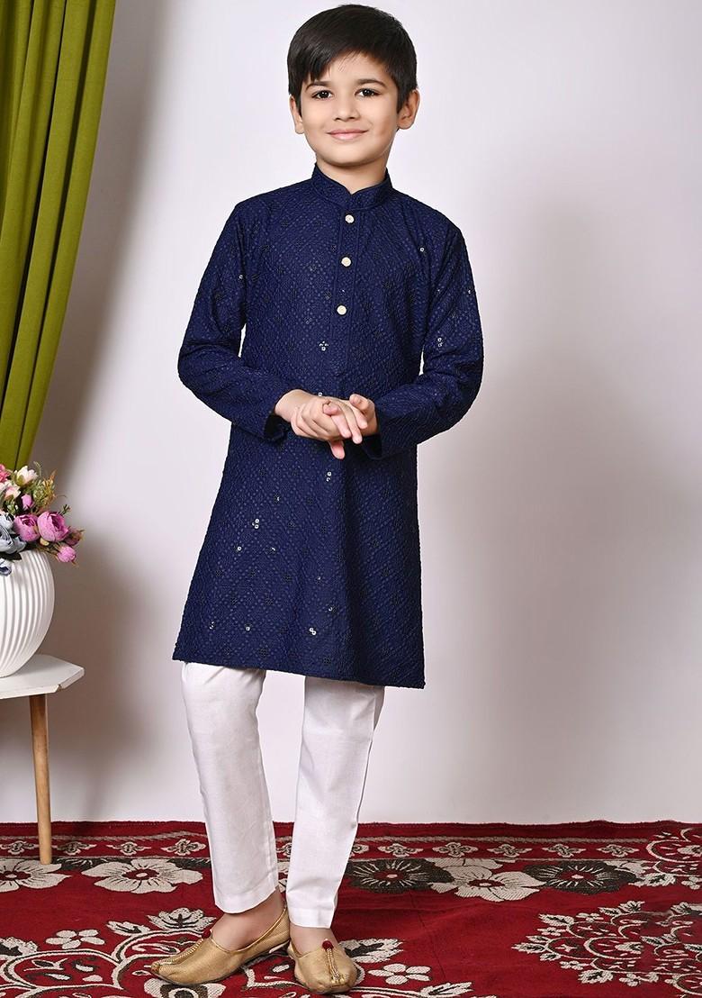 Navy Blue Embroidered Blended Kurta Set For Boys - Indya