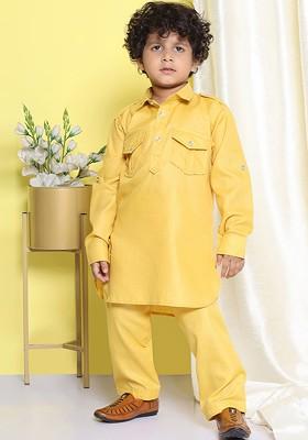 Mustard Embroidered Blended Kurta Set For Boys
