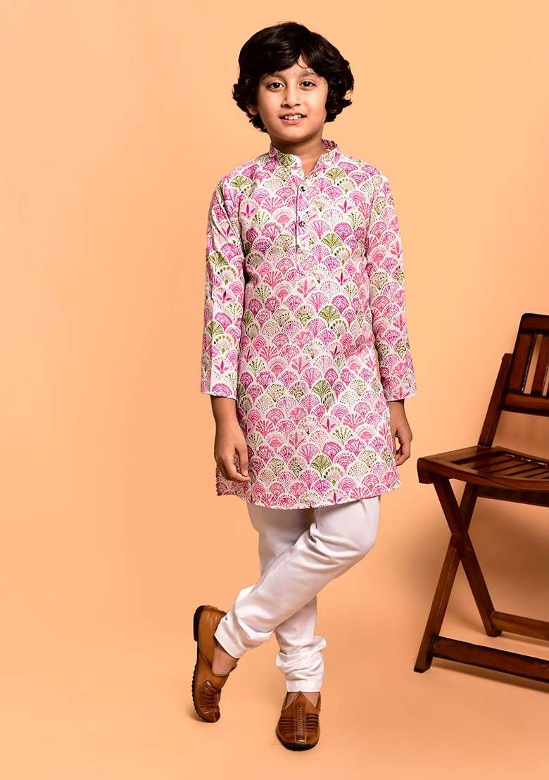 Pink Printed Blended Kurta Set For Boys - Indya