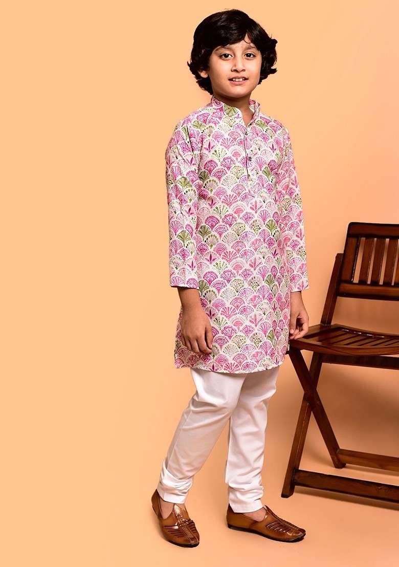 Pink Printed Blended Kurta Set For Boys - Indya