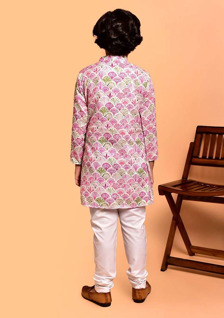 Pink Printed Blended Kurta Set For Boys - Indya