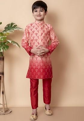 Peach Printed Silk Kurta Set For Boys