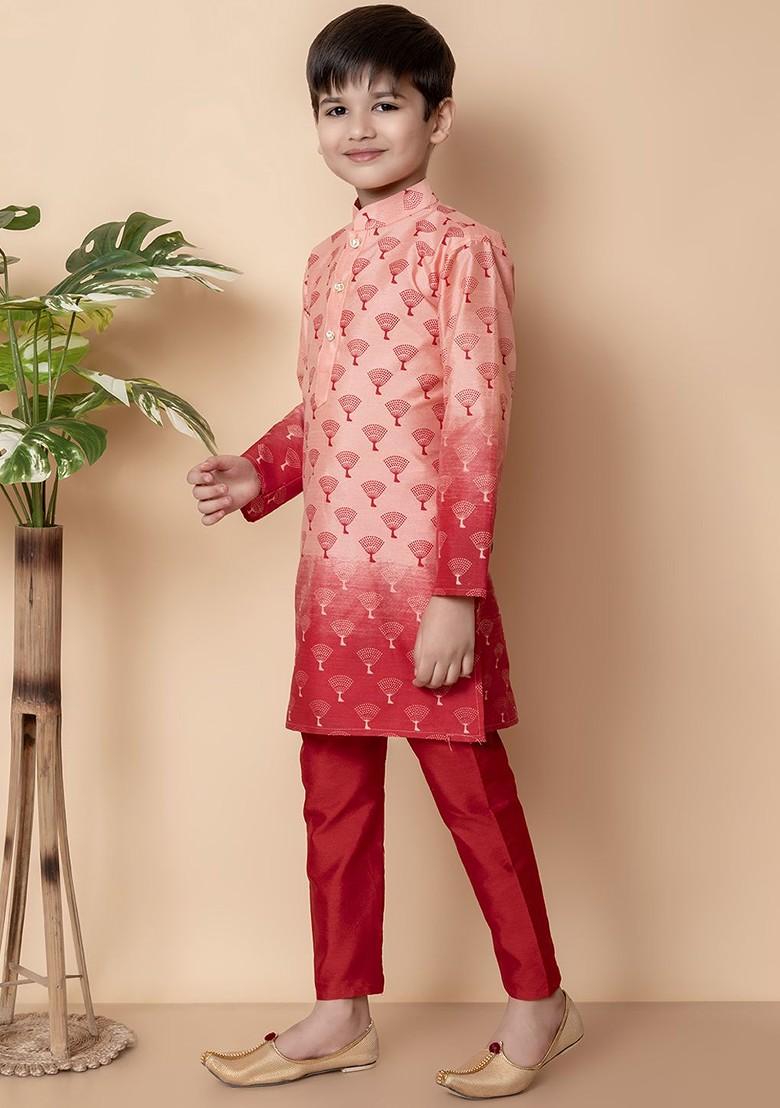 Peach Printed Silk Kurta Set For Boys - Indya