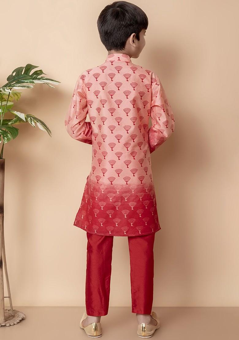 Peach Printed Silk Kurta Set For Boys - Indya