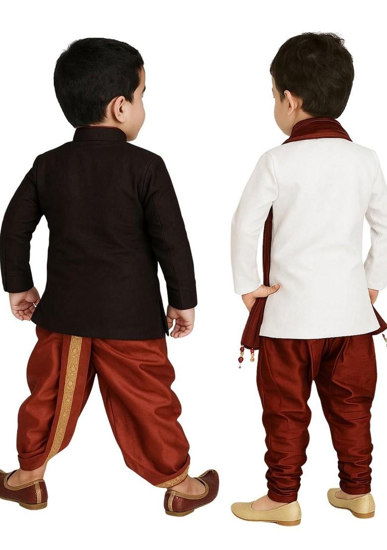 Multi Solid Cotton Kurta Set For Boys - Indya