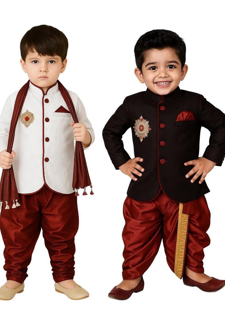 Multi Solid Cotton Kurta Set For Boys - Indya