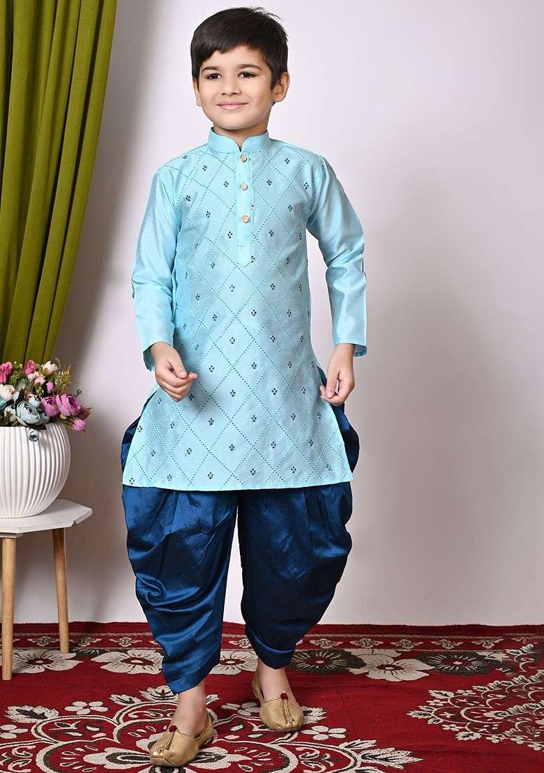 Turquoise Blue Embroidered Blended Kurta Dhoti Set For Boys - Indya