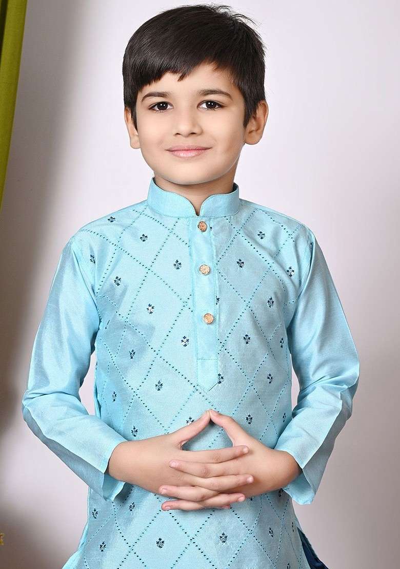 Turquoise Blue Embroidered Blended Kurta Dhoti Set For Boys - Indya