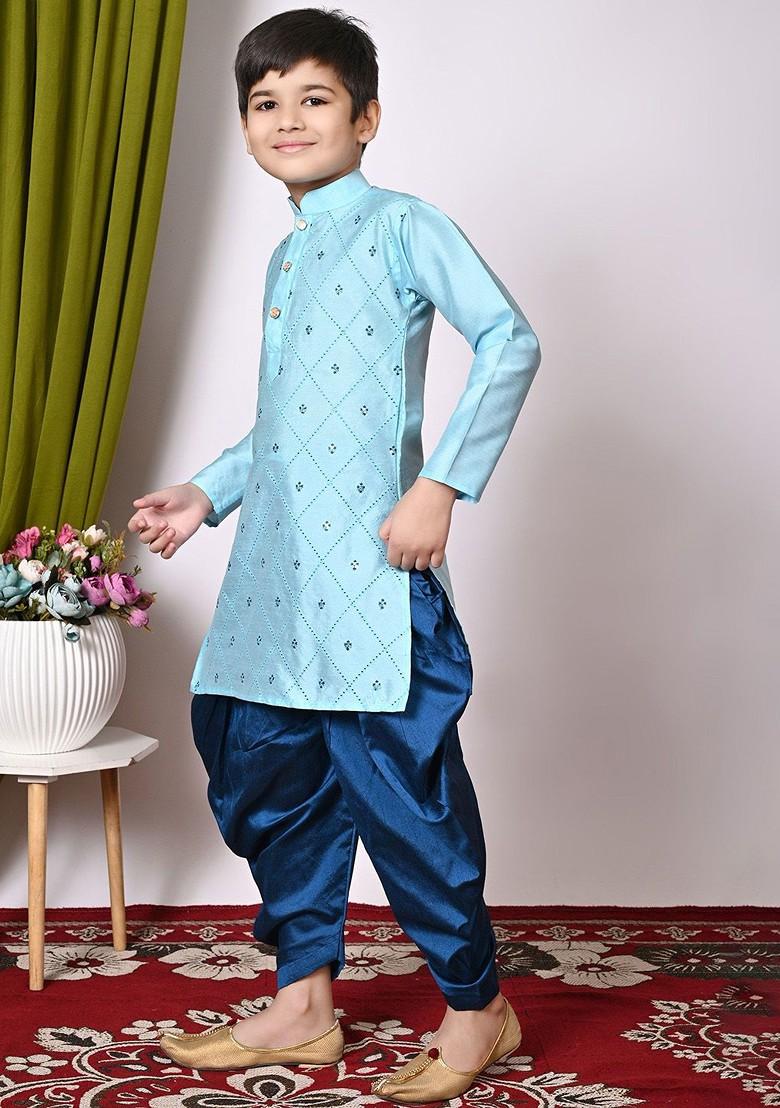 Turquoise Blue Embroidered Blended Kurta Dhoti Set For Boys - Indya