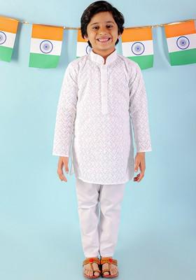 White Embroidered Cotton Kurta Set For Boys