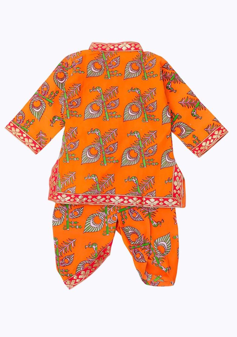 Orange Printed Cotton Kurta Dhoti Set For Boys - Indya