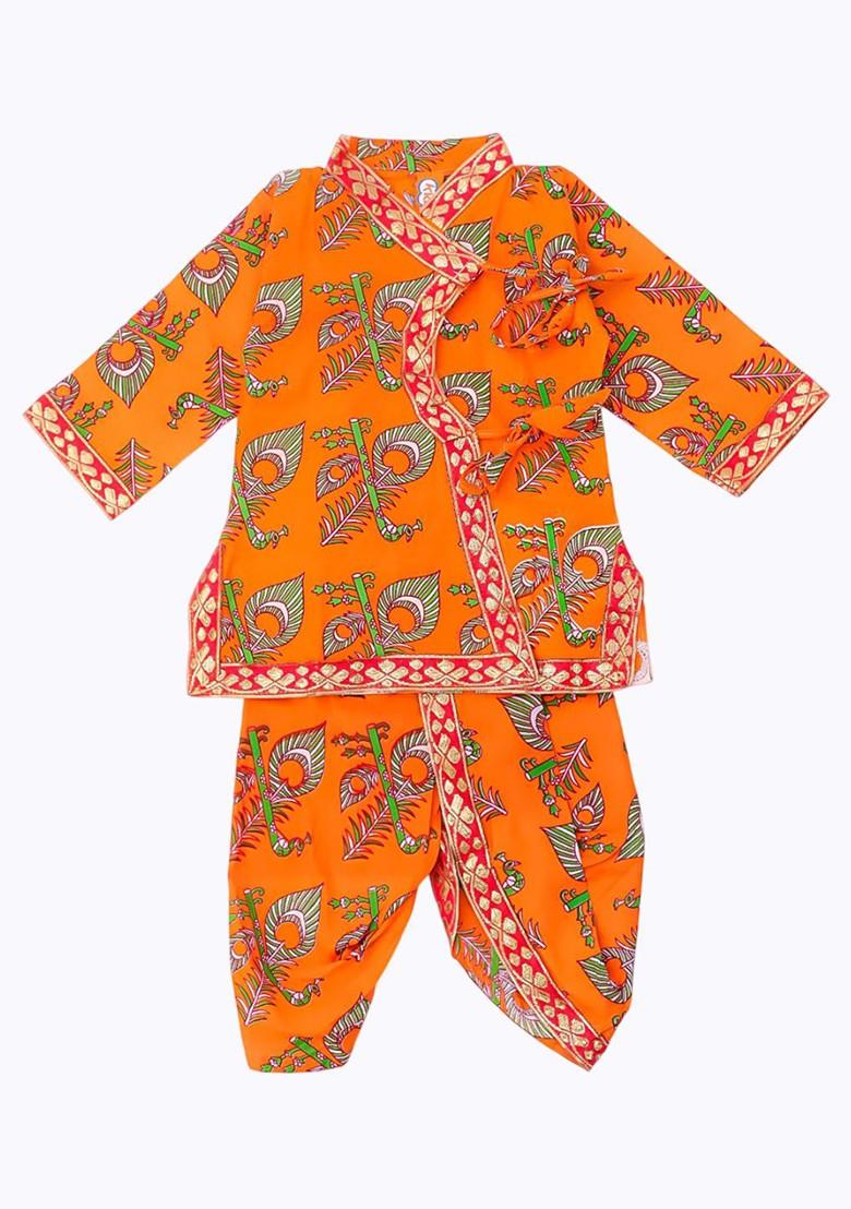 Orange Printed Cotton Kurta Dhoti Set For Boys - Indya