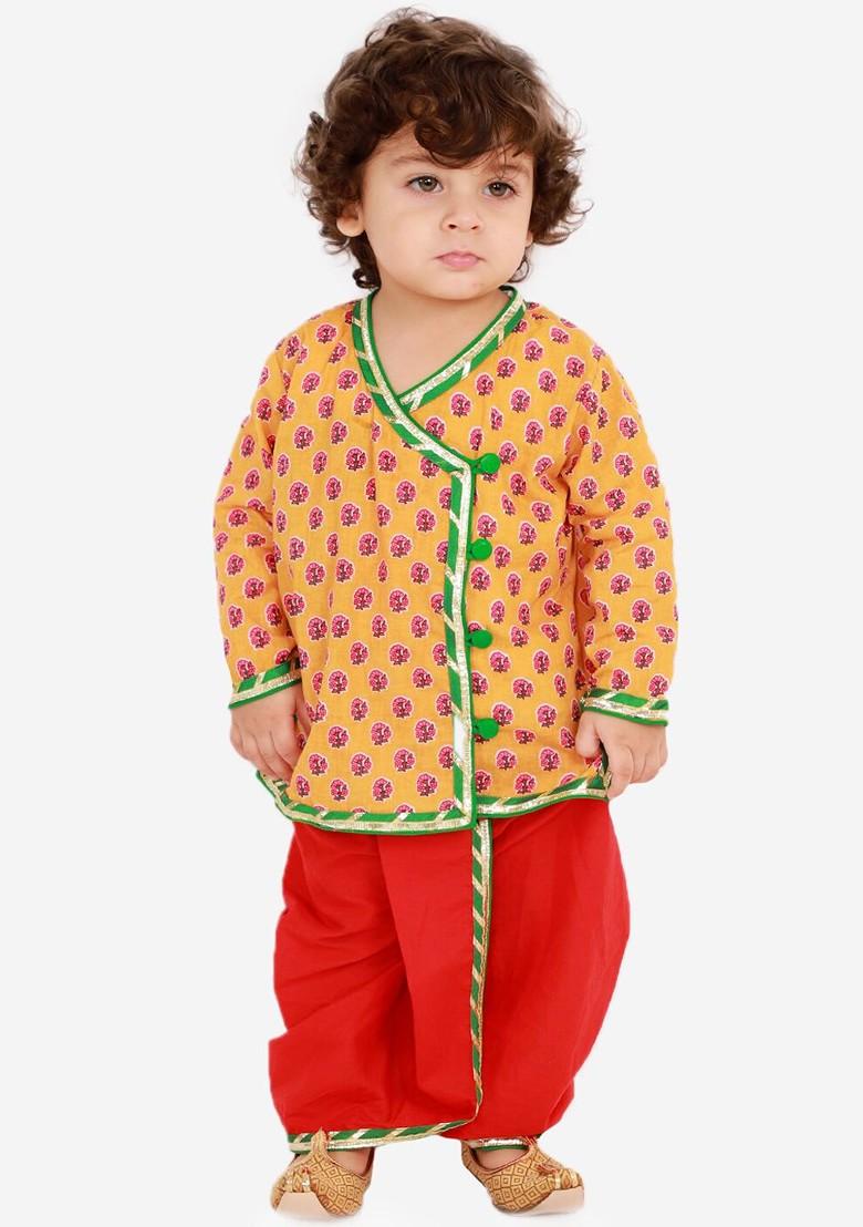 Mustard Printed Cotton Kurta Dhoti Set For Boys - Indya