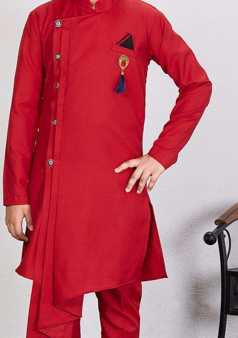 Red Solid Cotton Kurta Set For Boys - Indya
