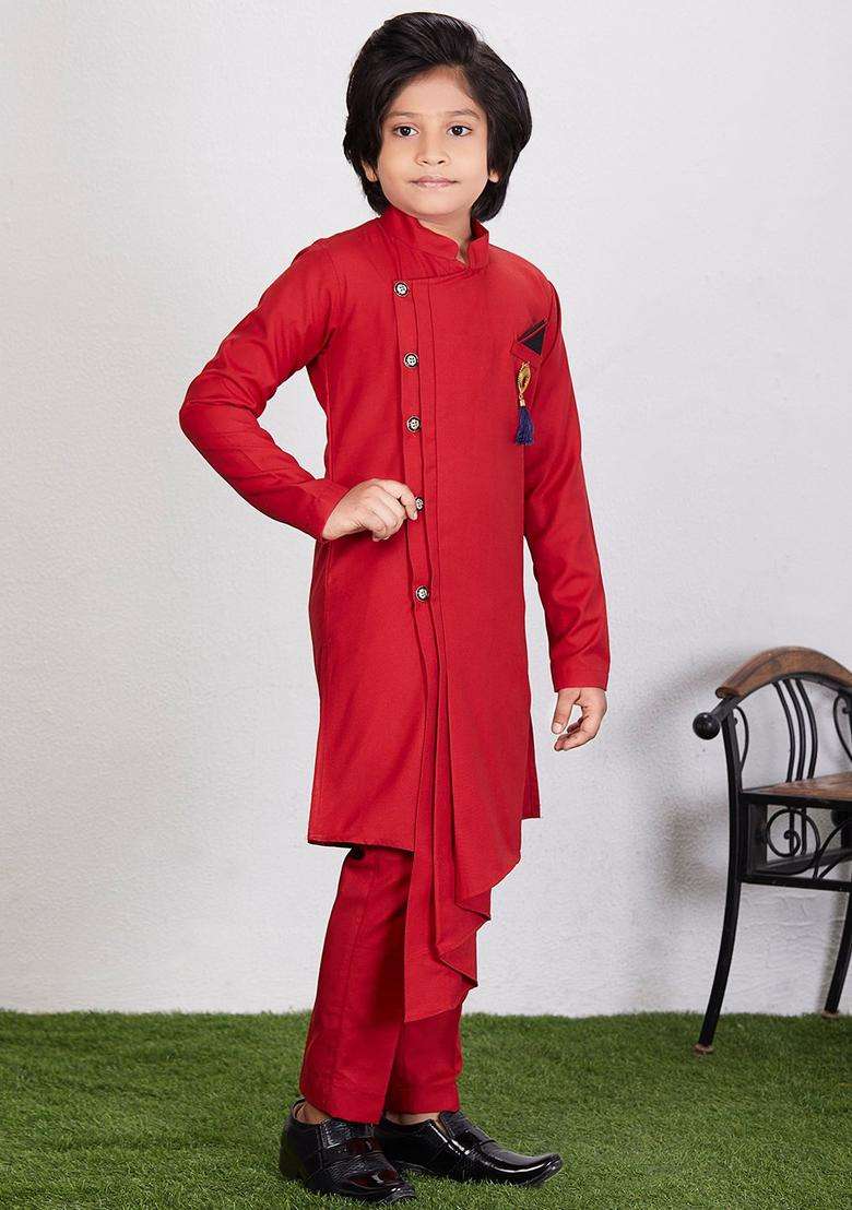 Red Solid Cotton Kurta Set For Boys - Indya