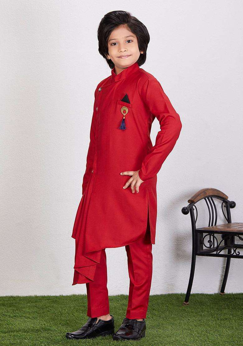 Red Solid Cotton Kurta Set For Boys - Indya