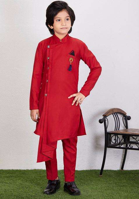 Red Solid Cotton Kurta Set For Boys